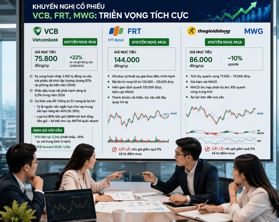 Khuyến nghị mua VCB, FRT và MWG: Dư địa tăng trưởng đến 22%
