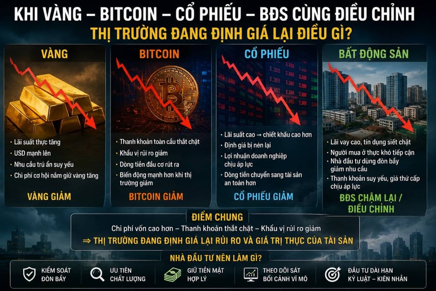 Vàng, Bitcoin, cổ phiếu và bất động sản cùng chịu áp lực: Thị trường đang định giá lại điều gì?