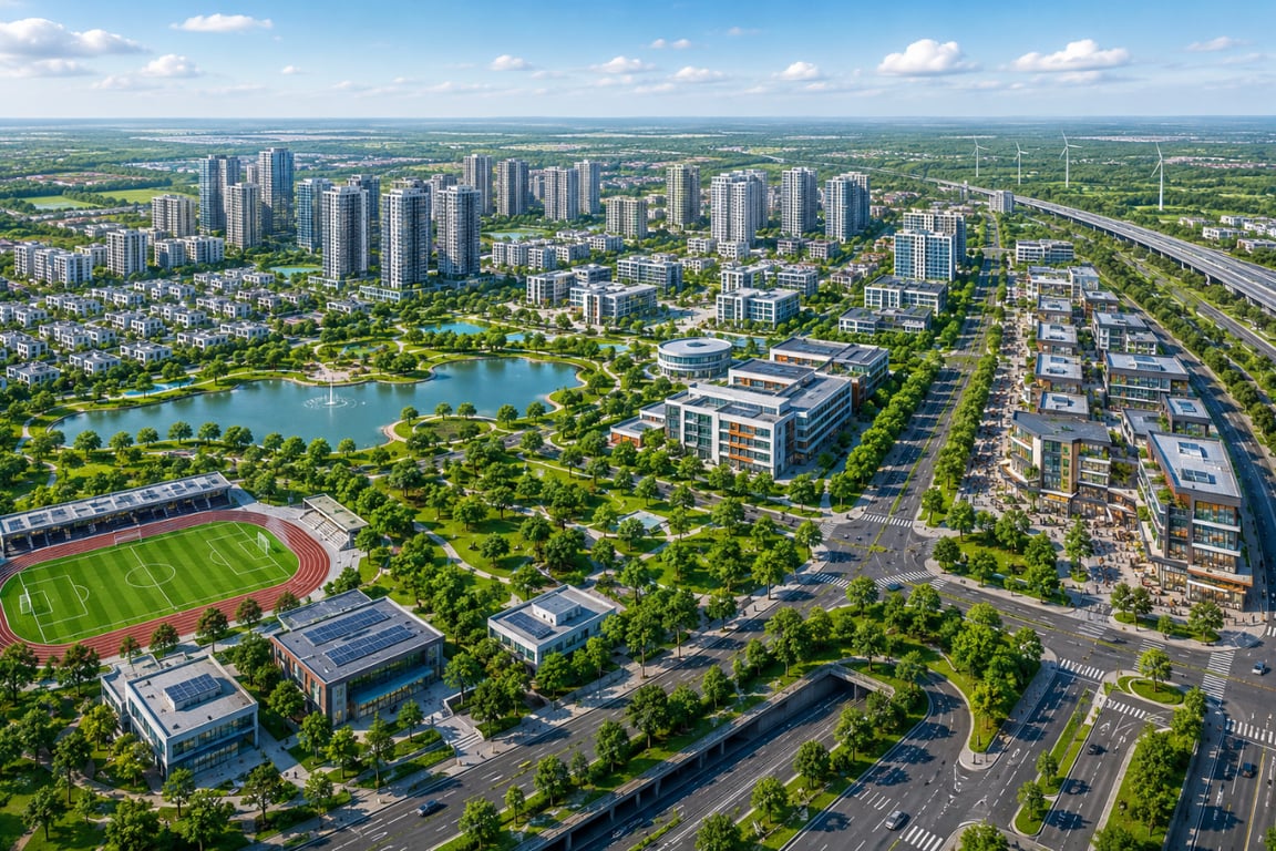 Phối cảnh Khu đô thị đa mục tiêu ở xã Thư Lâm và Đông Anh do Công ty CP Tập đoàn Tương Lai Sông Hồng phát triển.