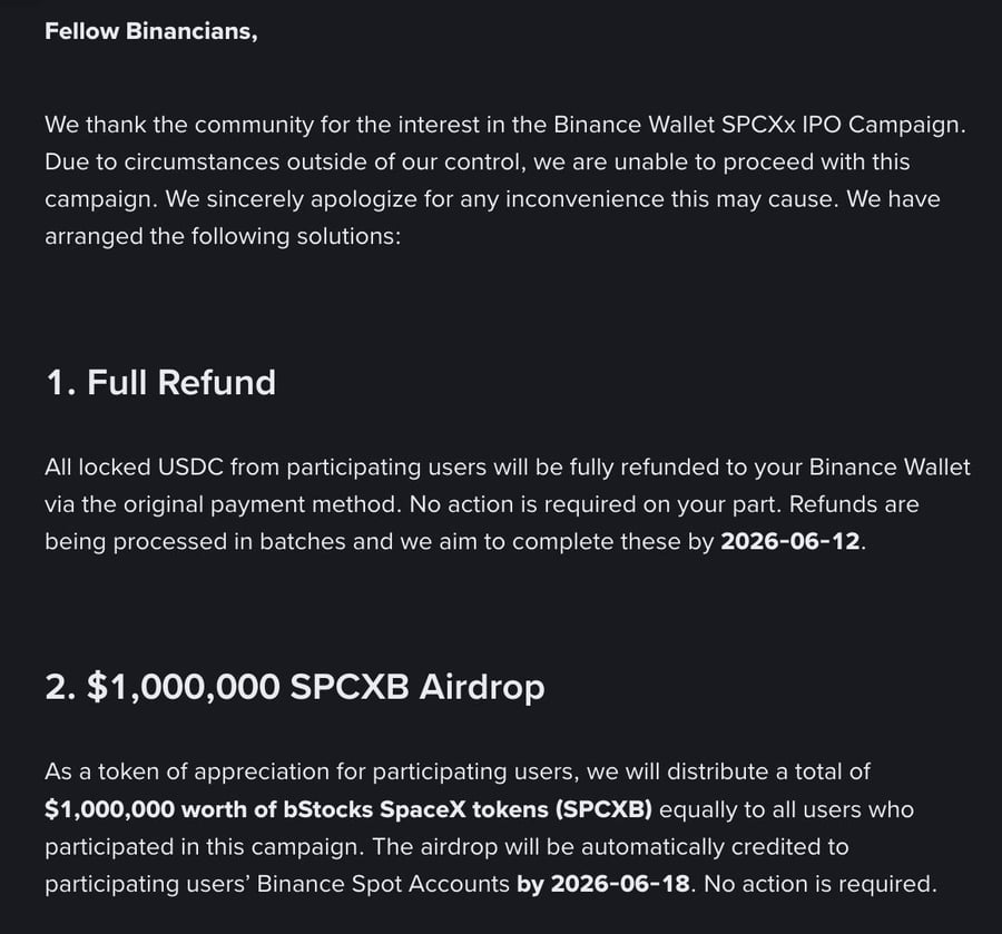 "Vỡ trận" IPO SpaceX, nhiều sàn CEX hoàn tiền cho người dùng vì không đủ cổ phiếu token hóa