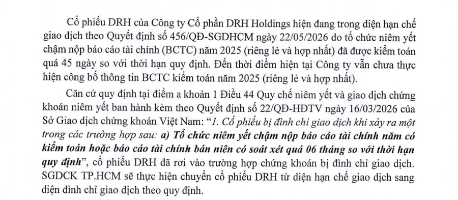 Cổ phiếu DRH rơi vào diện đình chỉ giao dịch, HOSE cảnh báo nguy cơ hủy niêm yết