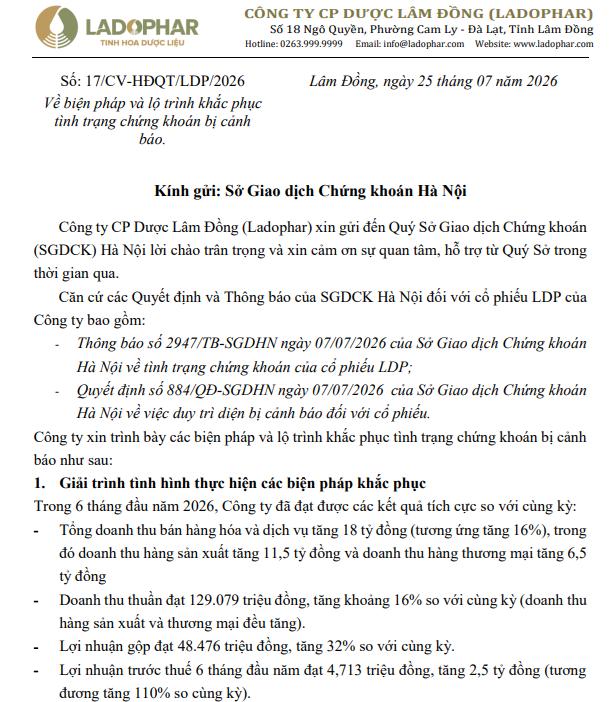 Dược Lâm Đồng (LDP) công bố lộ trình khắc phục tình trạng chứng khoán bị cảnh báo