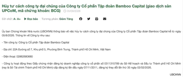 UBCKNN hủy tư cách công ty đại chúng của Bamboo Capital và BCG Land