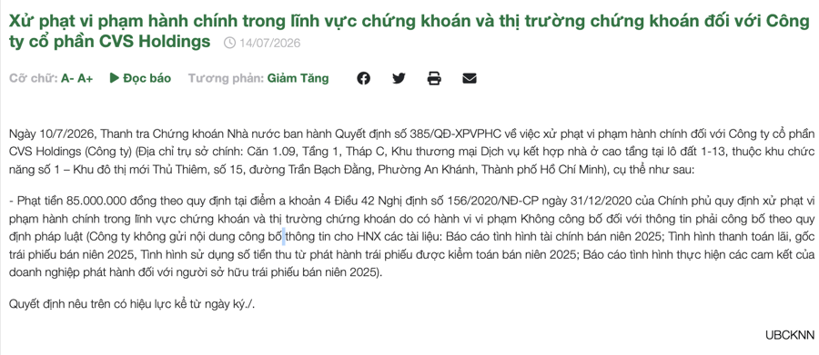 CVS Holdings tiếp tục bị Thanh tra Chứng khoán xử phạt vì vi phạm công bố thông tin