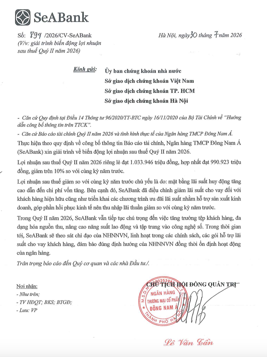 SeABank “bốc hơi” nửa lợi nhuận trong 6 tháng đầu năm, lý giải nguyên nhân lợi nhuận quý II đi xuống