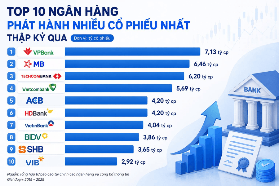 Các ngân hàng phát hành thêm gần 67 tỷ cổ phiếu trong 10 năm qua: Nhà băng nào dẫn đầu?