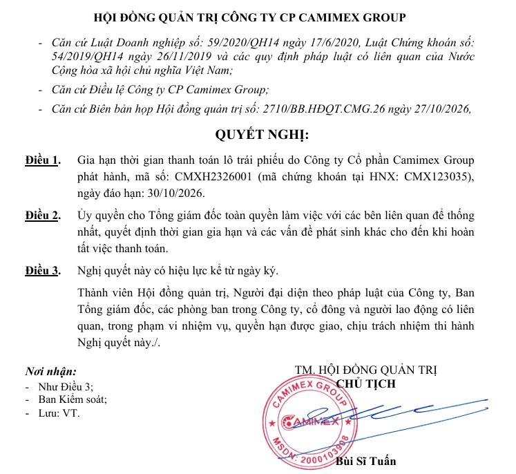 Camimex Group gia hạn trái phiếu, cầm cố 15 triệu cổ phiếu CMX cho khoản vay ngoại tệ