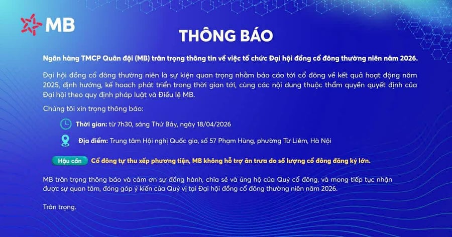 MB bất ngờ thông báo không hỗ trợ đi lại, ăn trưa tại ĐHĐCĐ 2026