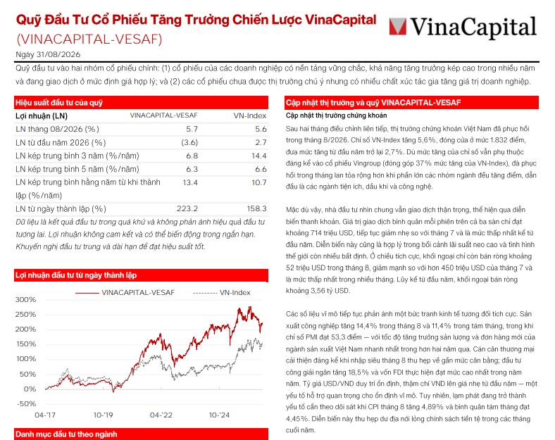 Cổ phiếu tăng nóng, quỹ VinaCapital vẫn ngồi trên đống tiền mặt gần 10%: Vì sao?