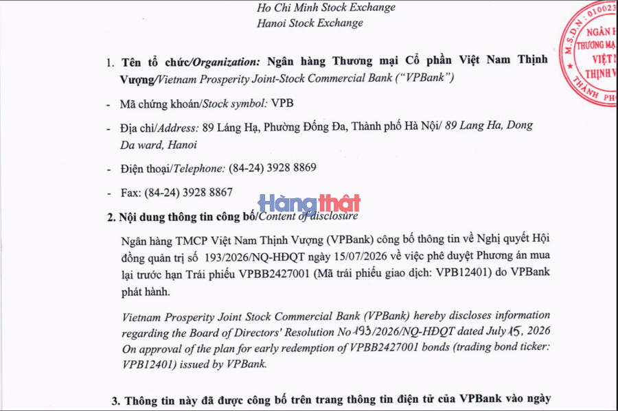 VPBank chốt mua lại trước hạn lô trái phiếu 4.000 tỷ đồng