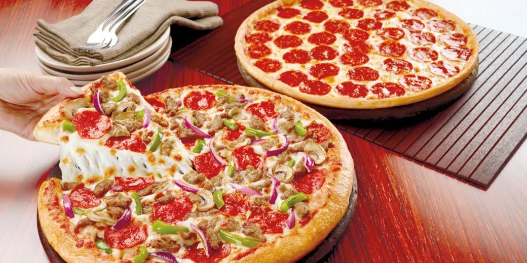 2 Med Pizza (3 Top Each), 2 Dips, and 2L Pop