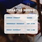 Starting Thursday, February 3rd, our updated hours for indoor dining will be:

Sunday - Tuesday: closed
Wednesday + Thursday: 5:30 pm - 10:00 pm
Friday + Saturday: 5:30 pm - 11:00 pm

Don't worry Marketplace fans, we've got something in the works for you coming soon! ✨ We can't wait to have you join us for dinner once more - link in bio to book your table!