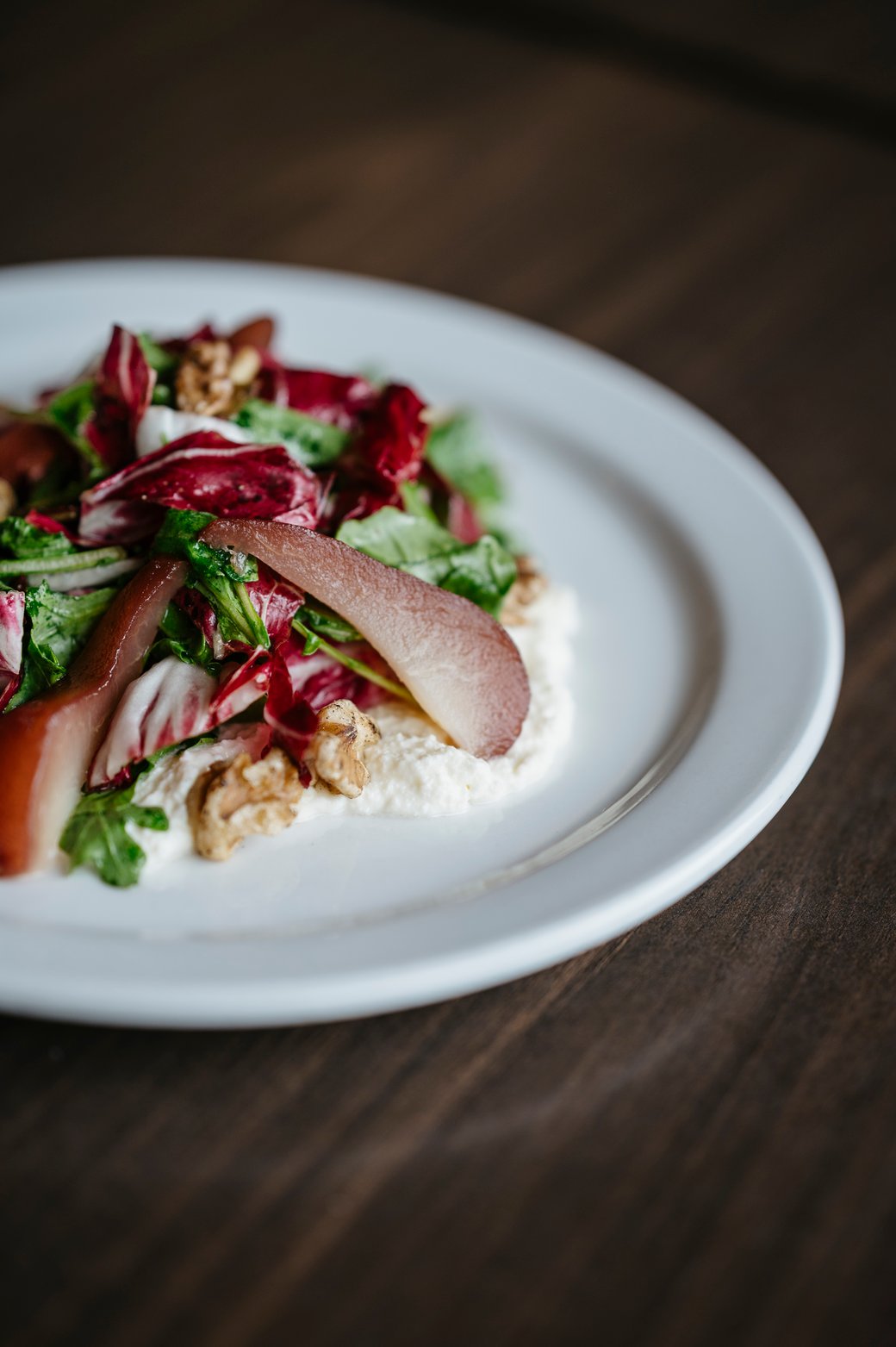 Creasy's Farm Poached Pear and Bitter Greens Salad