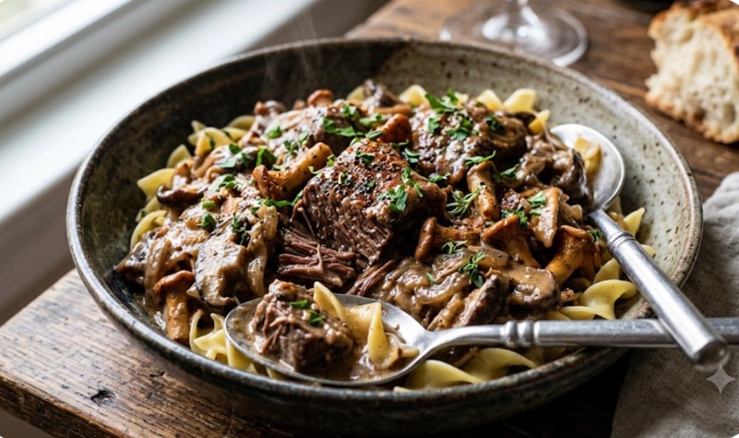 Slow-Braised Beef & Wild Mushroom Stroganoff