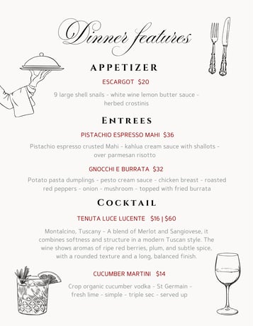 Dinner Features 4/28 - 4/30