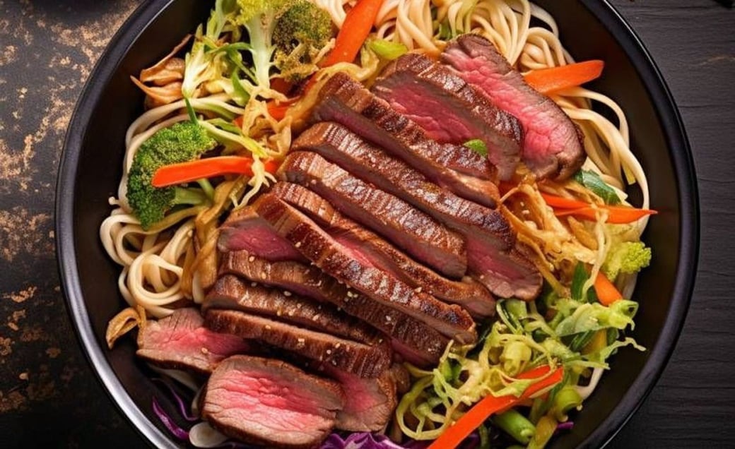 Grilled Steak with Noodles Wok