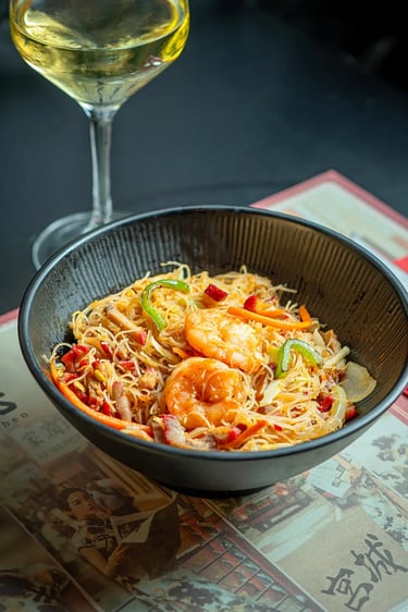 Singapore Vermicelli with Char Siu Pork & King Prawns