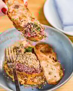 The perfect bite ✨ What did you think of our Beef Tartare? It's one of our new menu items + features harissa aioli, preserved lemon, raisins, + dukkah 〰️ stop in this week to try for yourself!