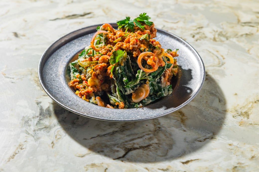 Crispy Morning Glory Salad with Minced Chicken | ยำผักบุ้งกรอบ