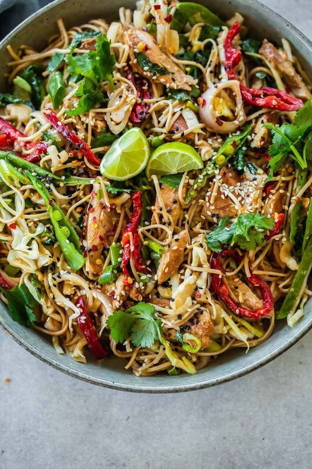 Rice Noodle Salad with Lime-Ginger Peanut Dressing GF