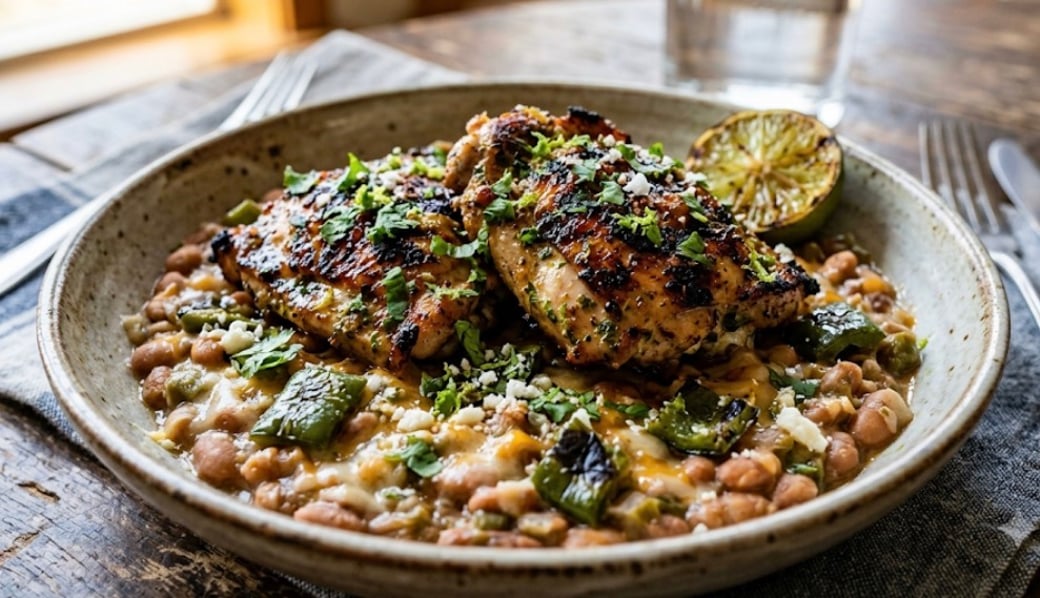 Cilantro-Lime Grilled Chicken Thighs & Green Chile Beans