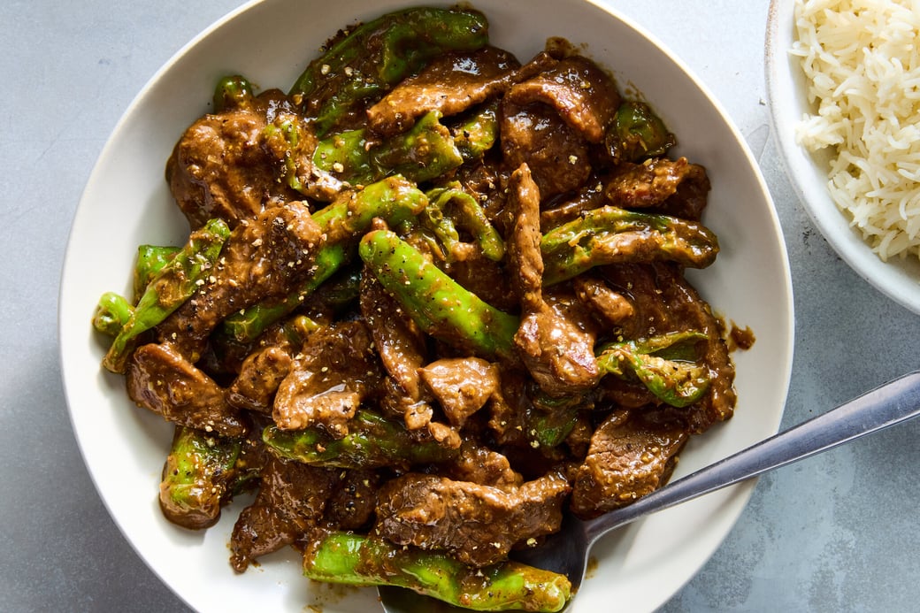 Shishito Pepper, Oyster Mushroom Stir Fry with Grilled Tri Tip 
