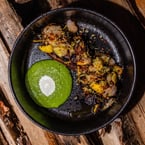 lots of local love for our grilled ontario vegetables 💚 green tahini + pickled ramps + cured egg yolk + sour cream