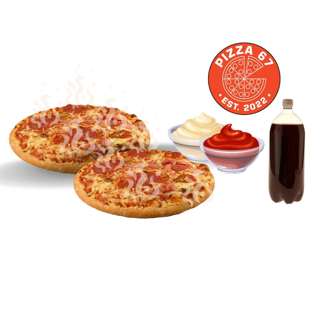 2 Med Pizza (3 Top Each), 2 Dips, and 2L Pop