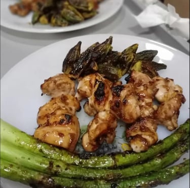 Chicken yakitori with okra and asparagus, basted with my homemade teriyaki sauce
