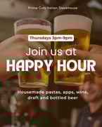 Thursday just got a whole lot tastier.
Join us for all-night happy hour featuring discounts on select pastas, appetizers, beer, and wine. Cheers from 3pm to 9pm! 🍷✨
#summertrends #FineDining #PrimeCutsItalianSteakhouse #DailyDeals #PastaLovers #SavorTheFlavor #TonightAtPrimeCuts #ItalianSteakhouse #happyhour #GourmetDining #happyhourspecials