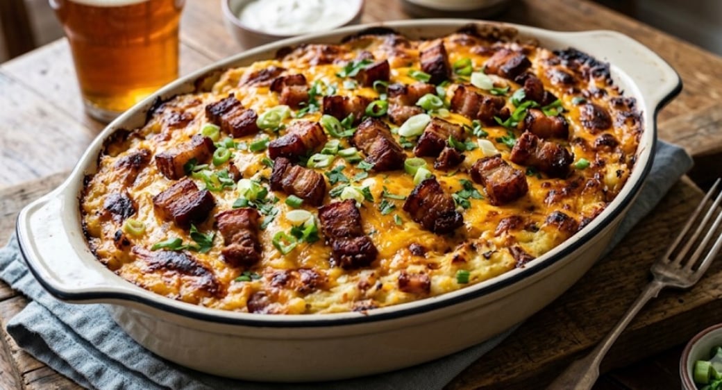 Smoked Pork Belly & Cheddar Twice Baked Potato Gratin