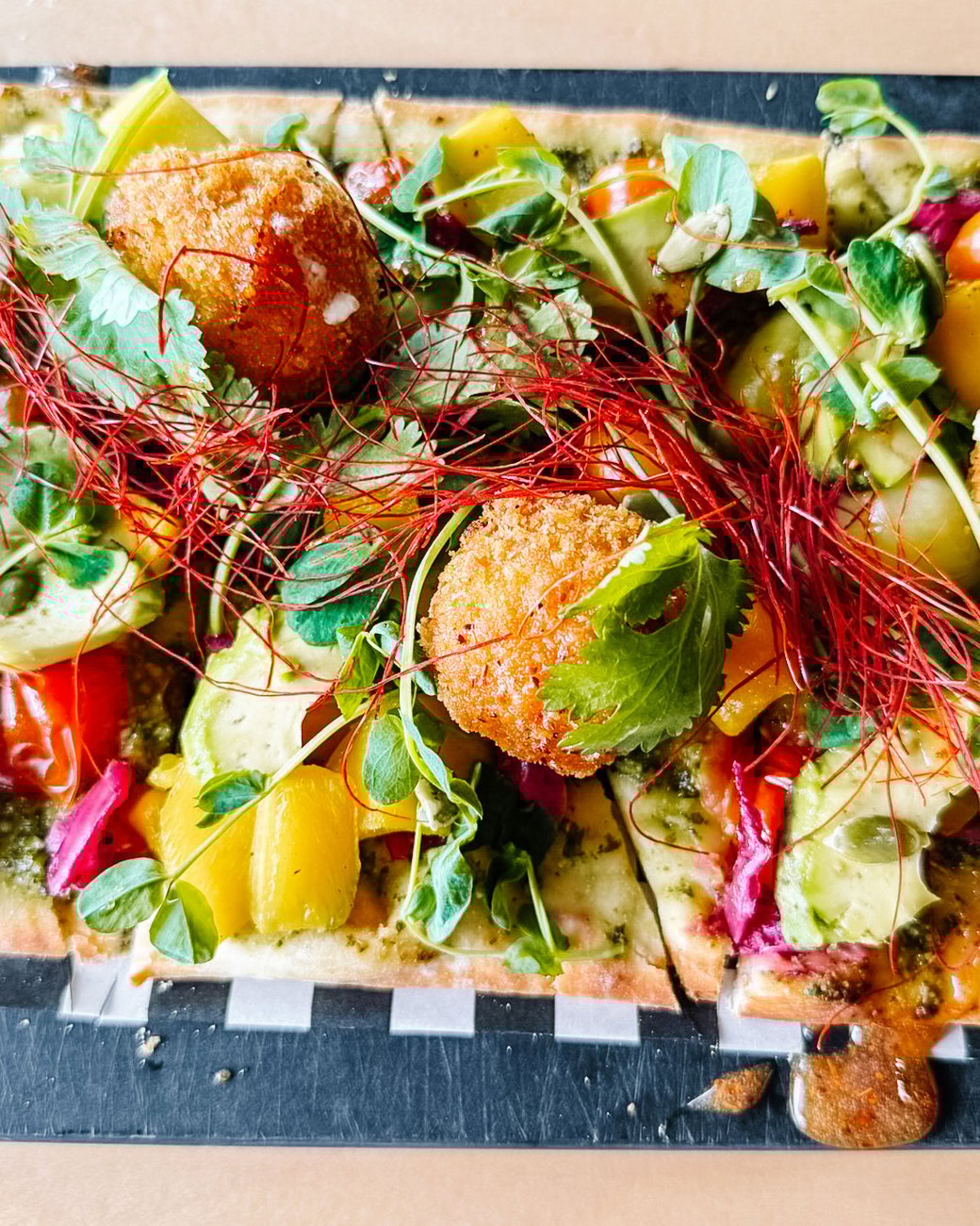 Mango + Crispy Goat Cheese Flatbread