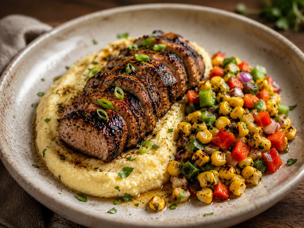 Jamaican Jerk Pork Tenderloin plantain potato mash, corn succotash