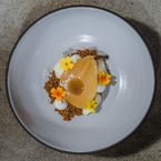 o hey there cutie 🤗 poached pear // marigold cream + licorice meringue + ginger