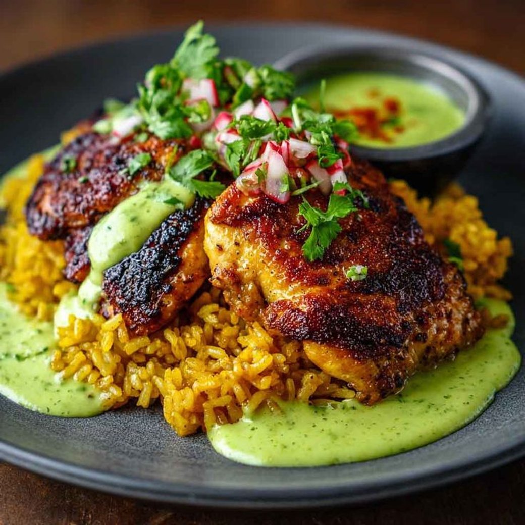 Peruvian chicken with Aji Verde Sauce and saffron rice