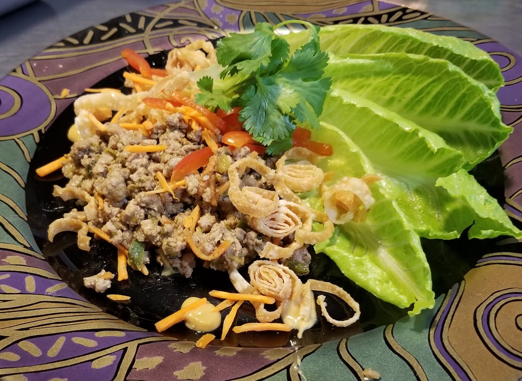 Lettuce Wraps with Curry Lime Pork and Wonton Crisps