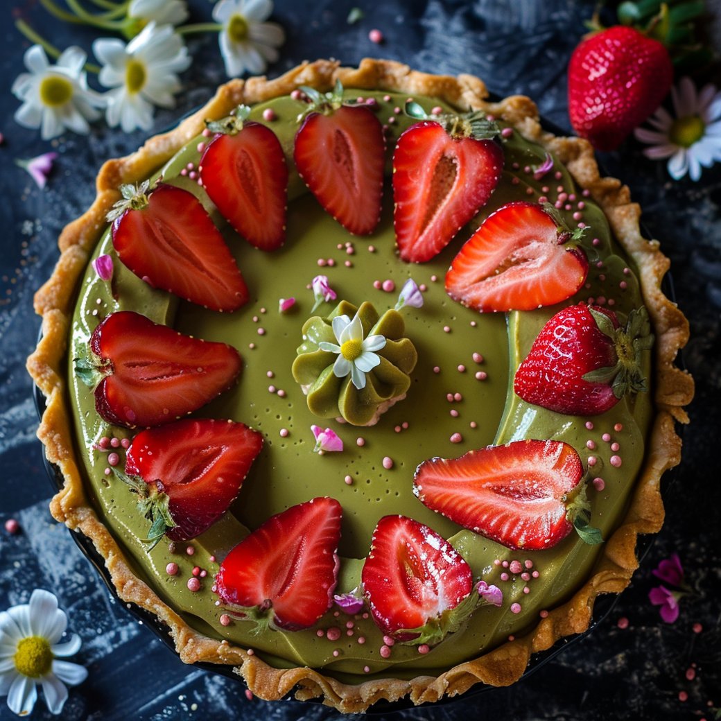 Strawberry Matcha Custard  Pie