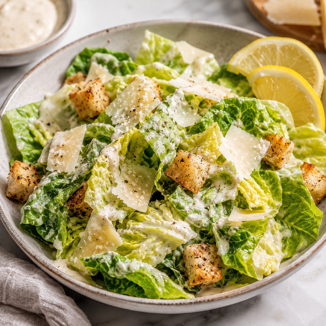 Lemon Parmesan Caesar Romaine, shaved parmesan, herb croutons, creamy lemon Caesar dressing served on the side. Serves 2 as a side salad 