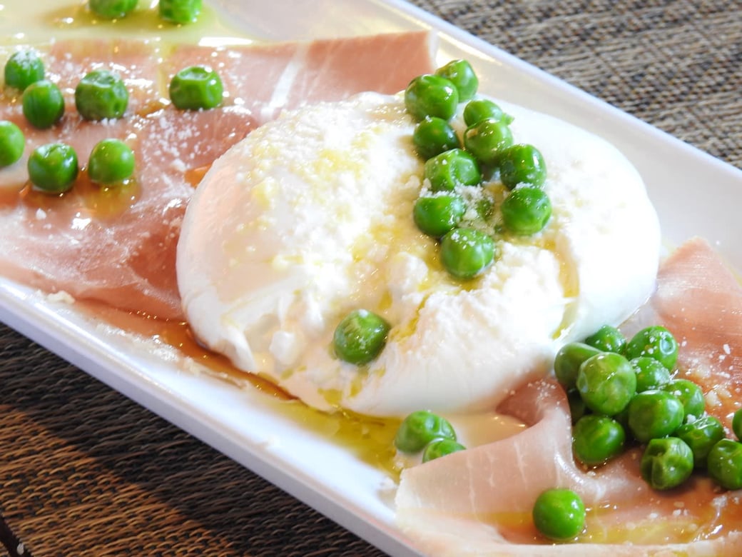 Burrata with Prosciutto e Piselli