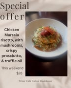 Tonight’s Special
✨ Chicken Marsala Risotto ✨
Creamy risotto with tender chicken, sautéed mushrooms, crispy prosciutto, and a drizzle of truffle oil.