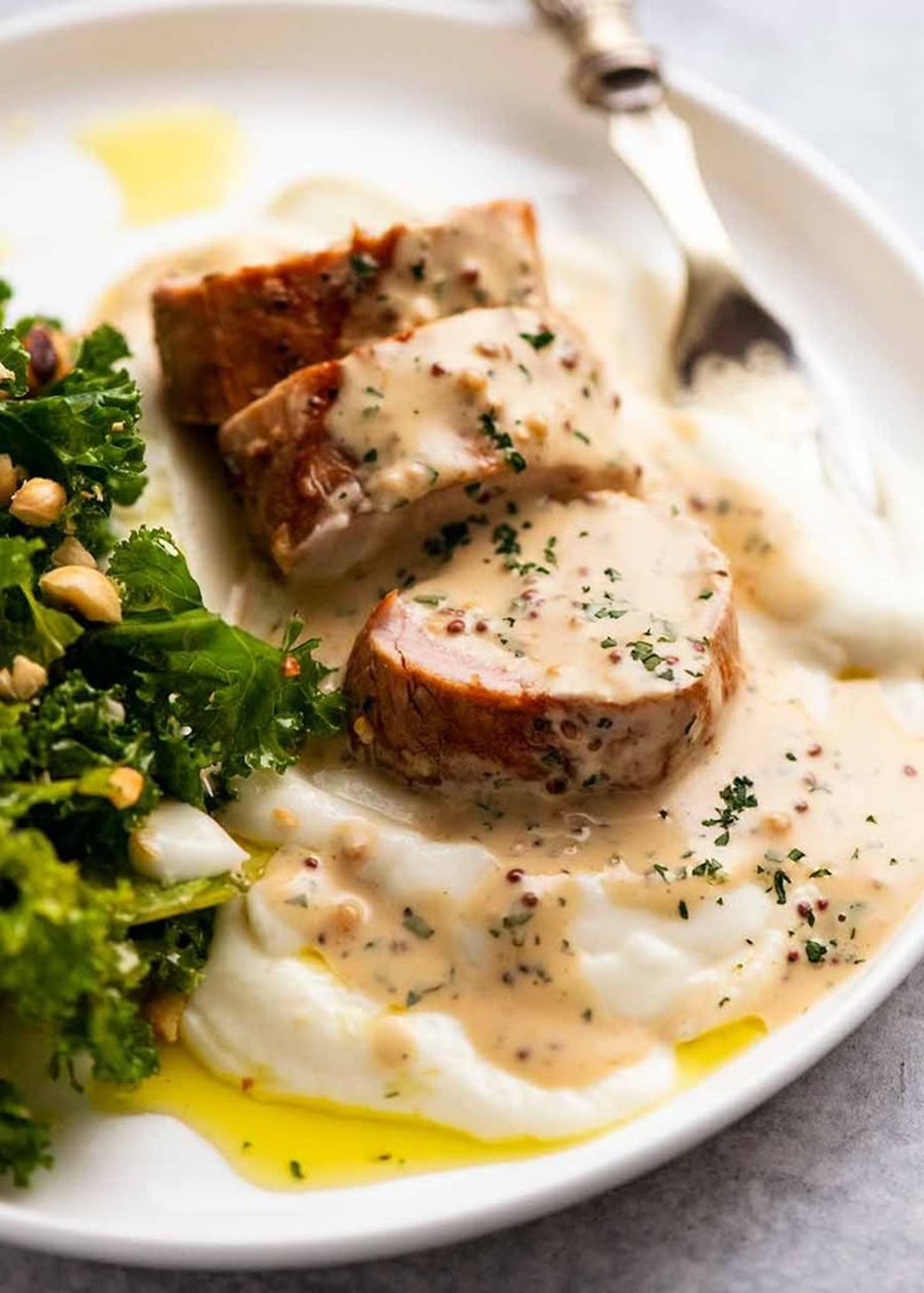 Pork Tenderloin Medallions w/ a Whipped Potato and Turnip Mash and Creamy Dijon Herb Sauce GF