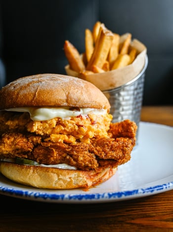 The Nashville Hot Chicken Wich. Heat, house-made pickles, Duke's mayo. Fries or southern slaw , your call.

📸: Nashville hot chicken wich

#stillwaterstavern #nashvillehotchicken #stpeteeats #scratchkitchen #tampabay