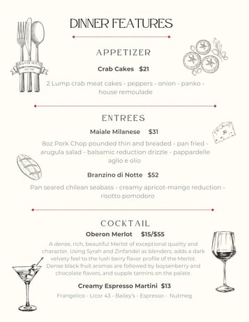 Dinner Features 1/23 & 1/24