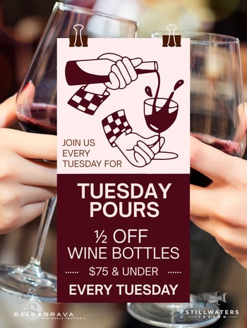 Tuesdays just got a little more romantic 🍷

Join us for Tuesday Pours and enjoy half-price bottles $75 and under at all BellaBrava locations.

Perfect for date night, catching up with friends, or lingering a little longer at the table.

Dine-in only. Every Tuesday.