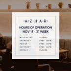 REMINDER: azhartoronto will be closed Wed + Sun this week. we will be open Thurs - Sat during normal hours of operation. hope to see you soon ✨