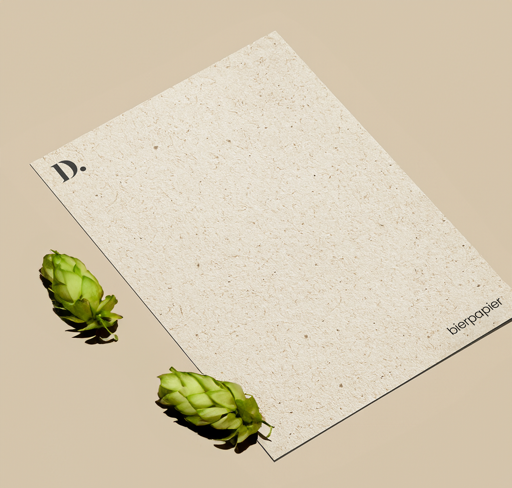 bierpapier op beige tafel met hop ernaast