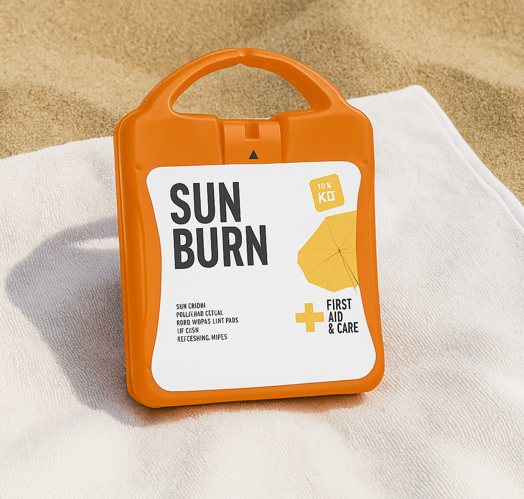 Zonnbrand set op strand die bedrukt kan worden op witte handdoek.