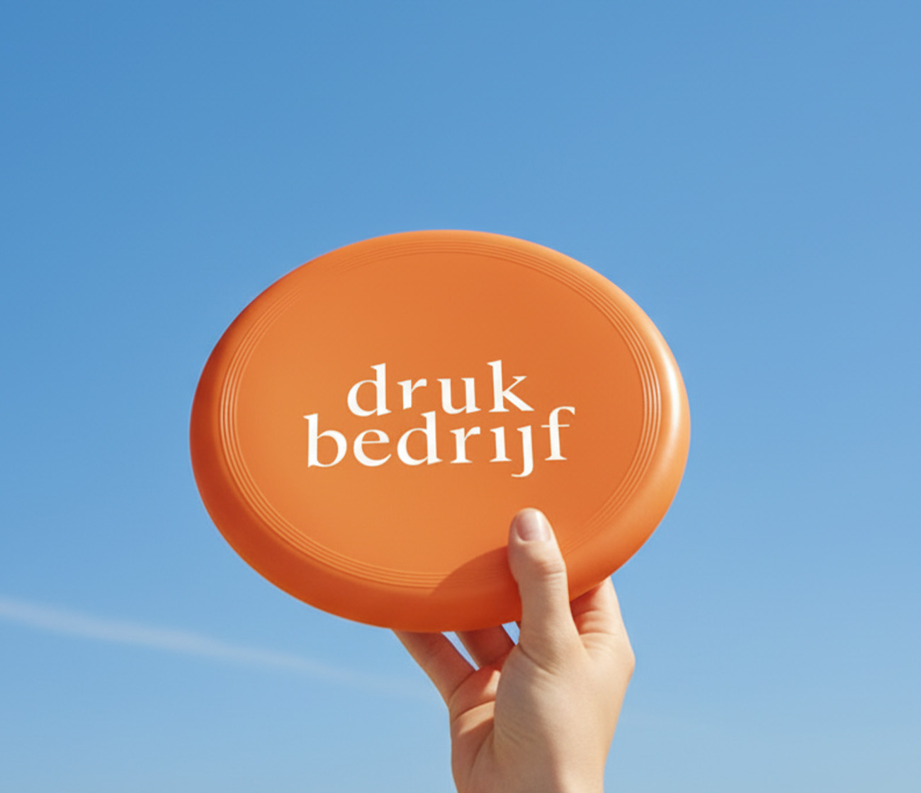 Bedrukte frisbee in hand op het strand bij golden hour.