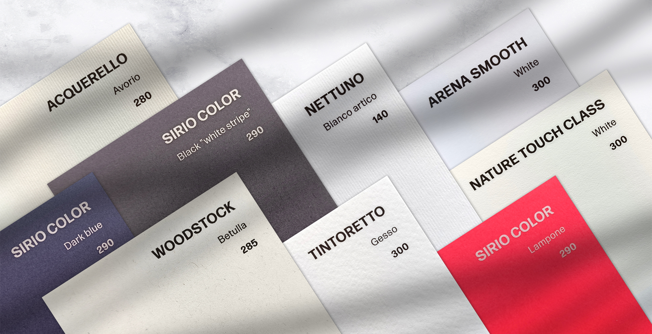 Verschillende fedrigoni papiersoorten op een rijtje.