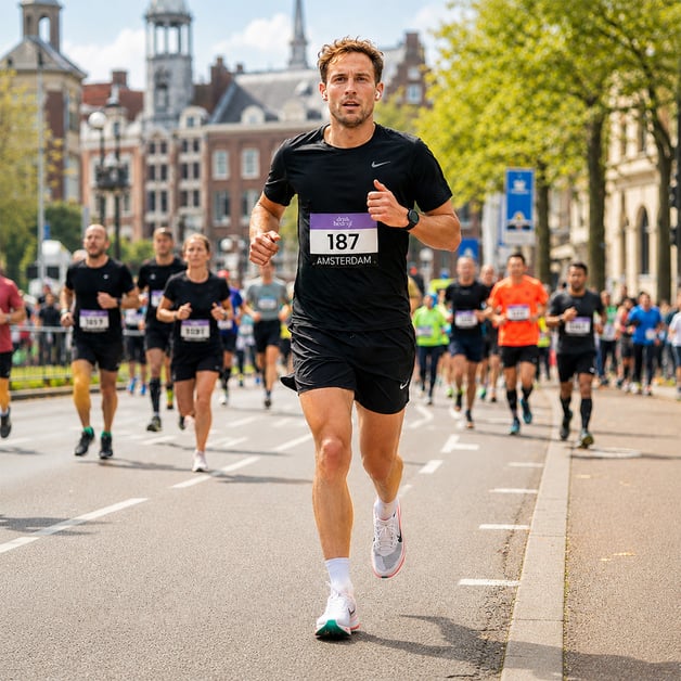 Een groep hardlopers tijdens een stadsmarathon met drukbedrijf startnummers